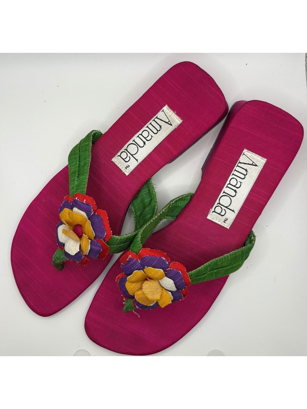 Vintage Amanda Hot Pink & Green Floral Thong Sandals Women's 7M Low Block Heel